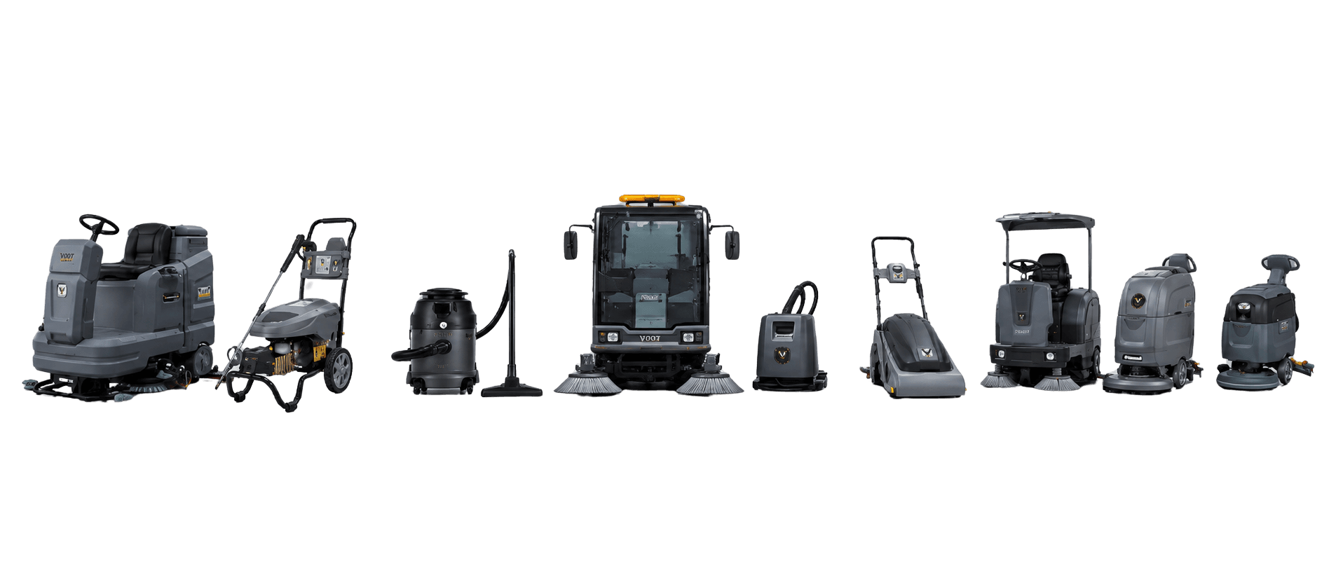 The Voot Clean range — ride-on scrubbers, sweepers, vacuums and pressure washers